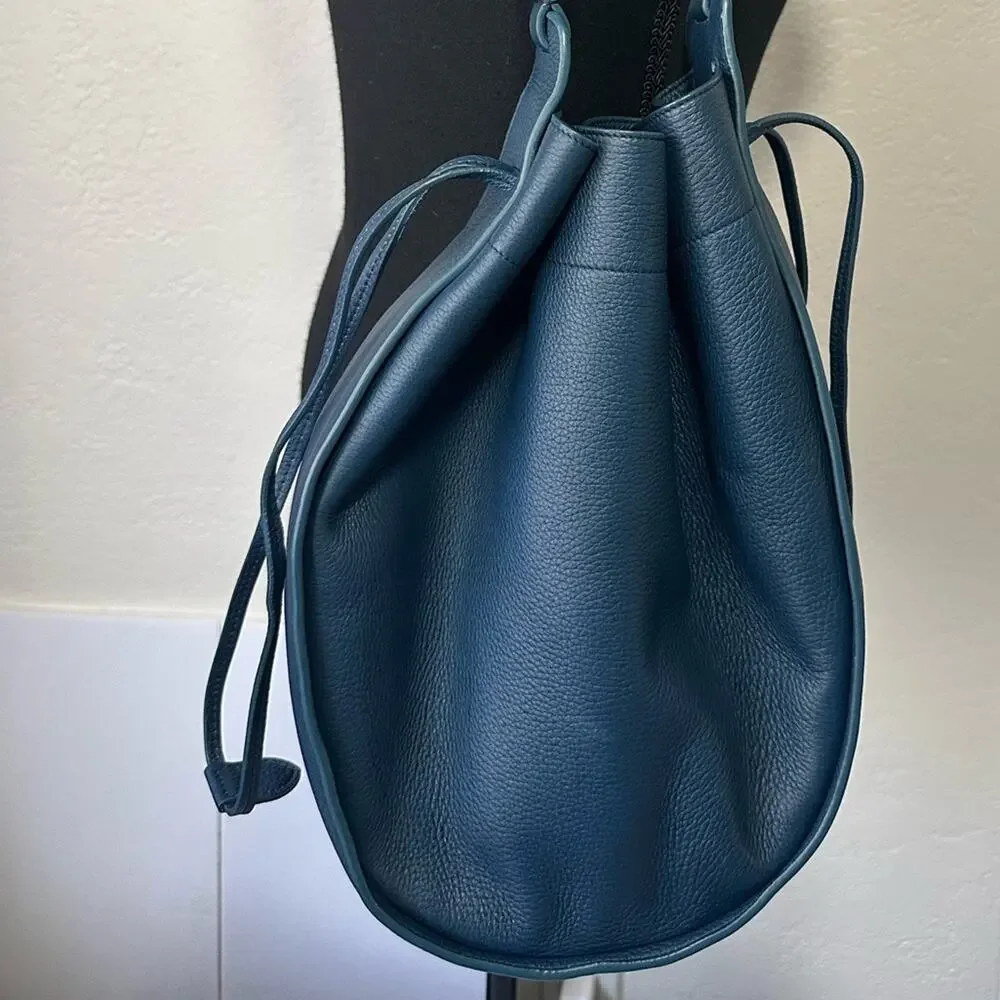 The Row XL Drawstring Hobo Shoulder Bag Marine Blue Pebbled Leather Bucket Bag